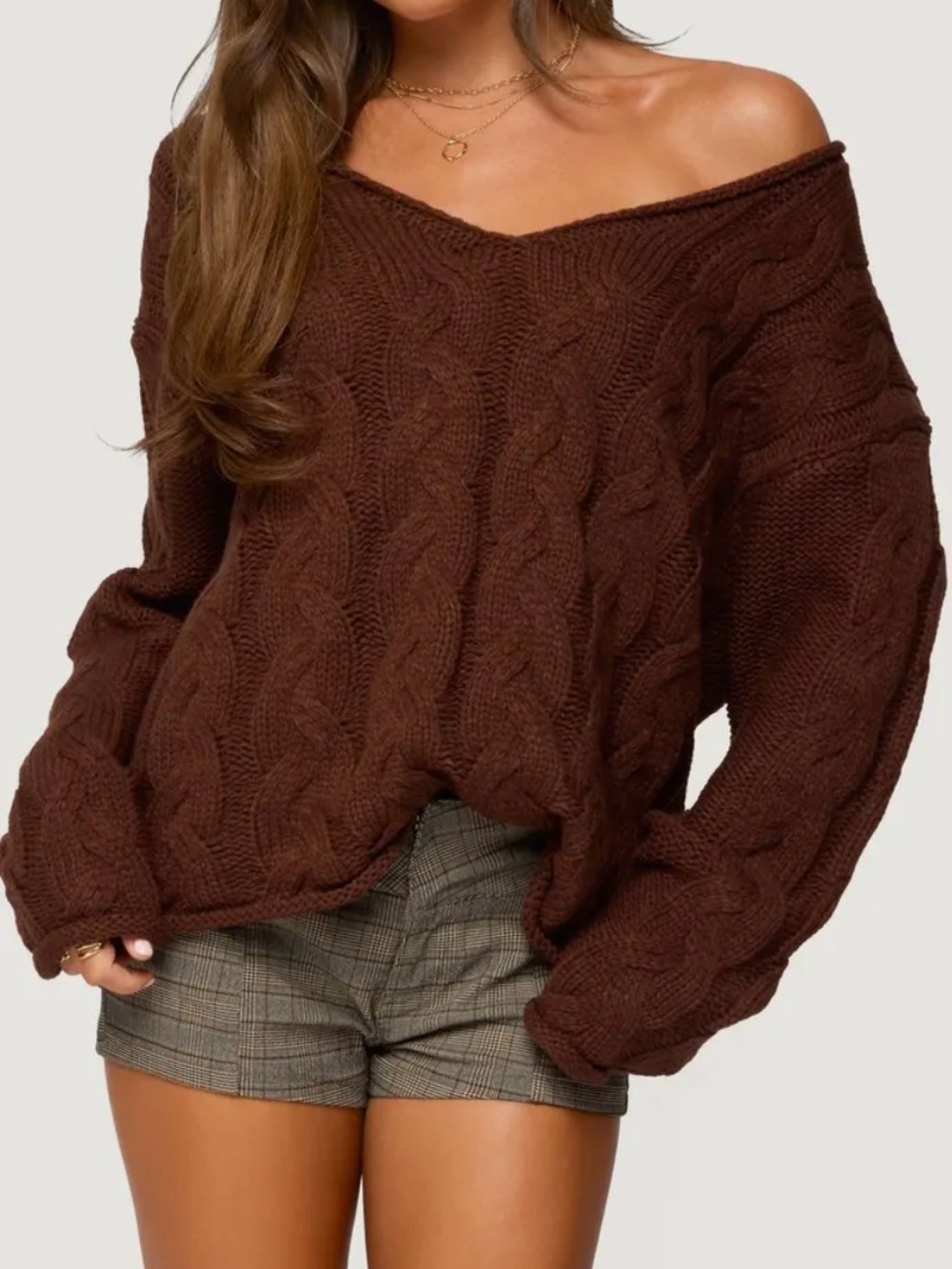 Edikted Chocolate Brown Cable-Knit Off-Shoulder Sweater